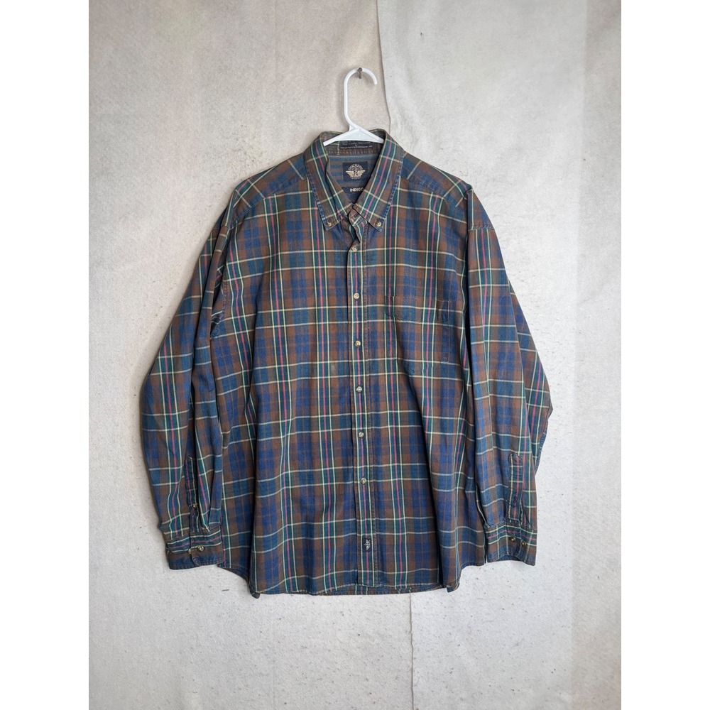 Vintage Dockers Indigo Plaid Button Down Shirt Mens Large 100% Cotton 64503-3305